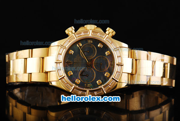 Rolex Daytona Swiss Valjoux 7750 Automatic Movement Full Gold with Diamond Bezel and Black MOP Dial-Diamond Markers - Click Image to Close